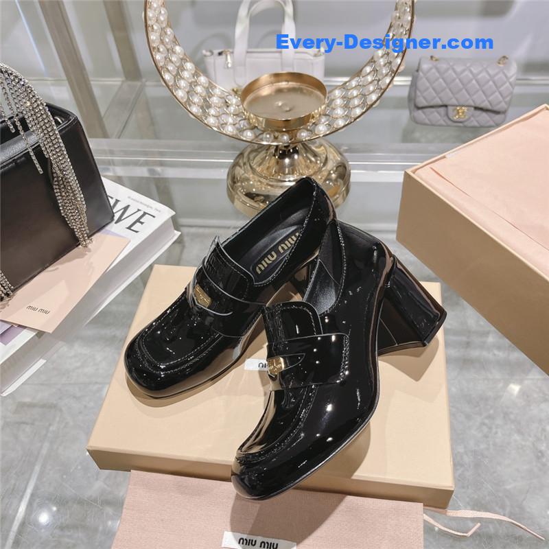 miumiu gold coin loafer patent leather high heels