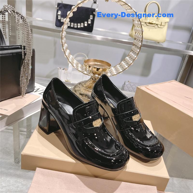 miumiu gold coin loafer patent leather high heels