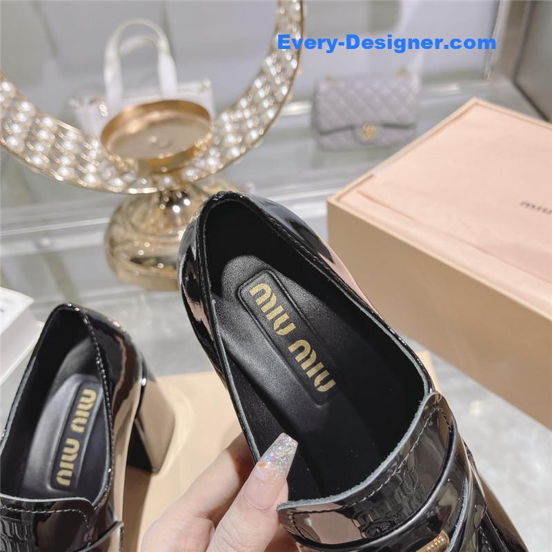 miumiu gold coin loafer patent leather high heels