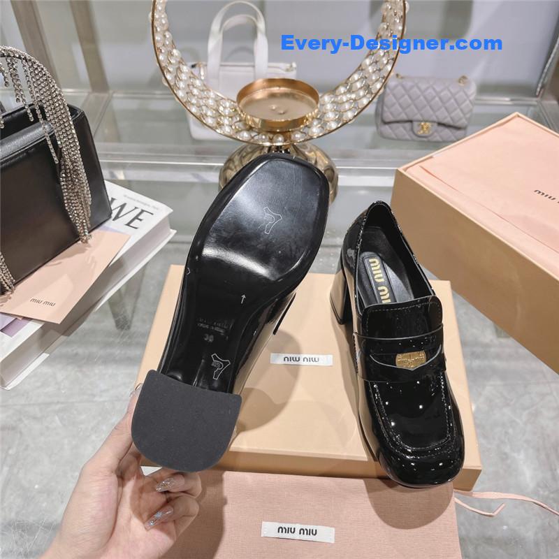 miumiu gold coin loafer patent leather high heels