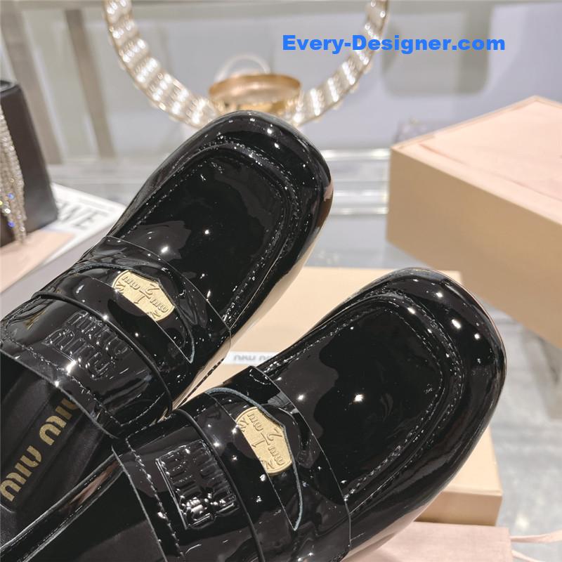 miumiu gold coin loafer patent leather high heels