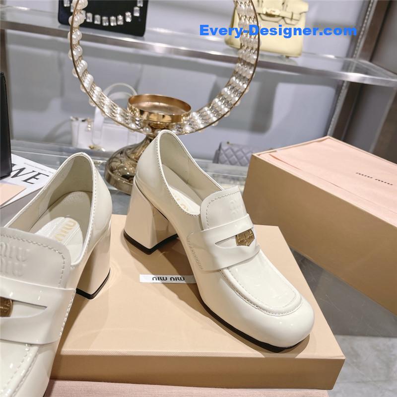 miumiu gold coin loafer patent leather high heels