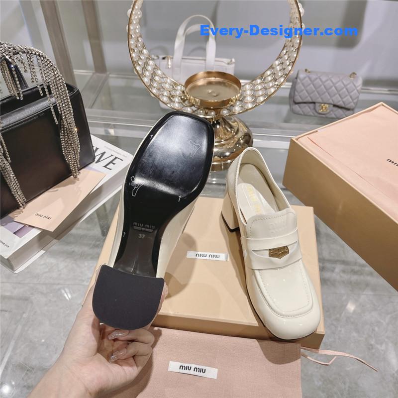 miumiu gold coin loafer patent leather high heels