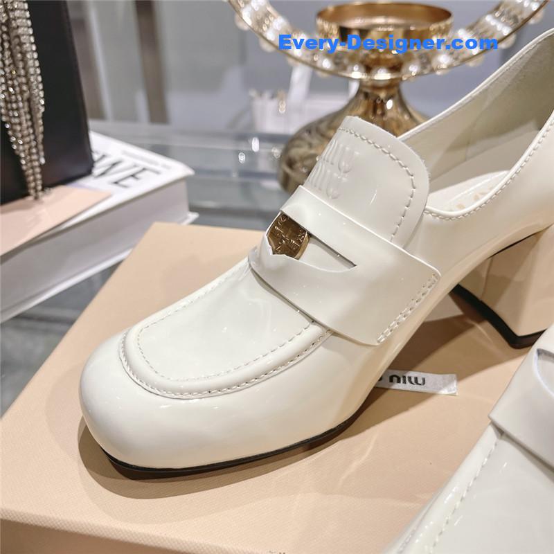 miumiu gold coin loafer patent leather high heels