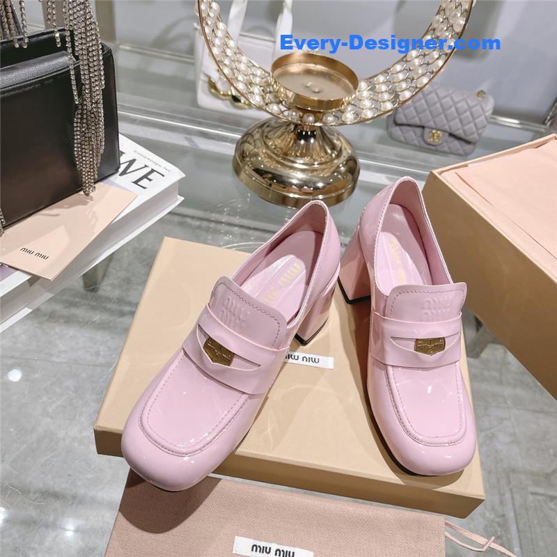 miumiu gold coin loafer patent leather high heels
