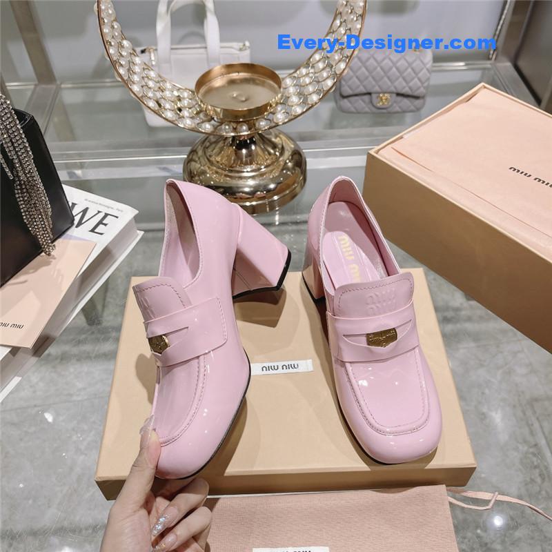 miumiu gold coin loafer patent leather high heels