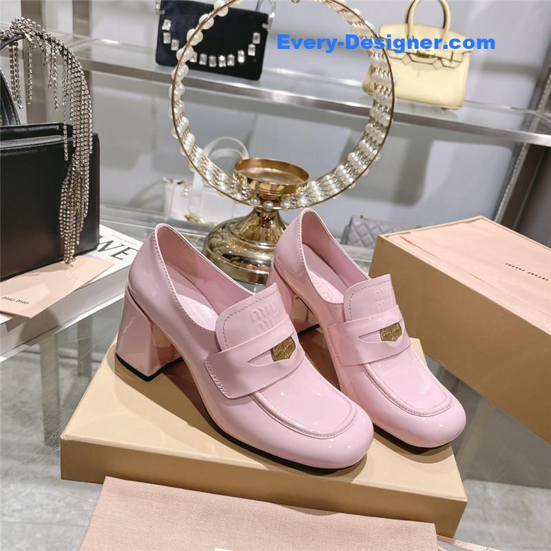 miumiu gold coin loafer patent leather high heels