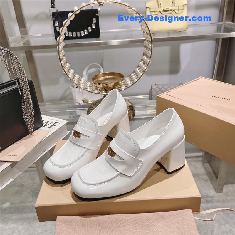 miumiu gold coin loafer patent leather high heels