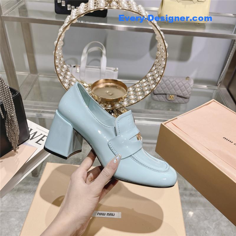 miumiu gold coin loafer patent leather high heels