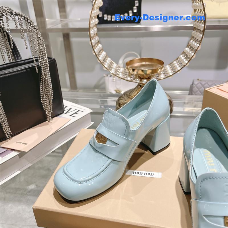 miumiu gold coin loafer patent leather high heels