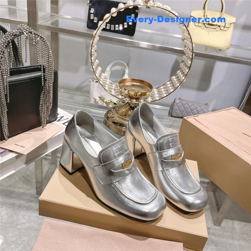 miumiu gold coin loafer patent leather high heels