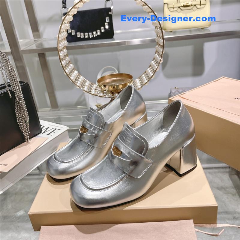 M1um1u gold coin loafer patent leather high heels