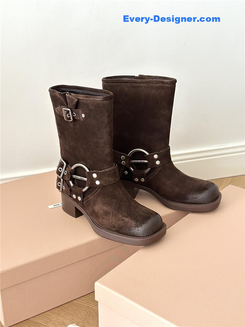 M1um1u autumn and winter brushed suede distressed boots