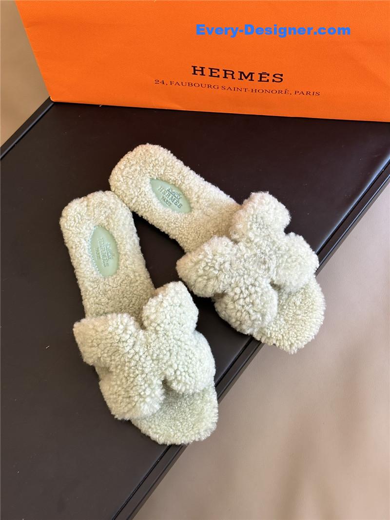 Hermes fur roll cake hair H slippers