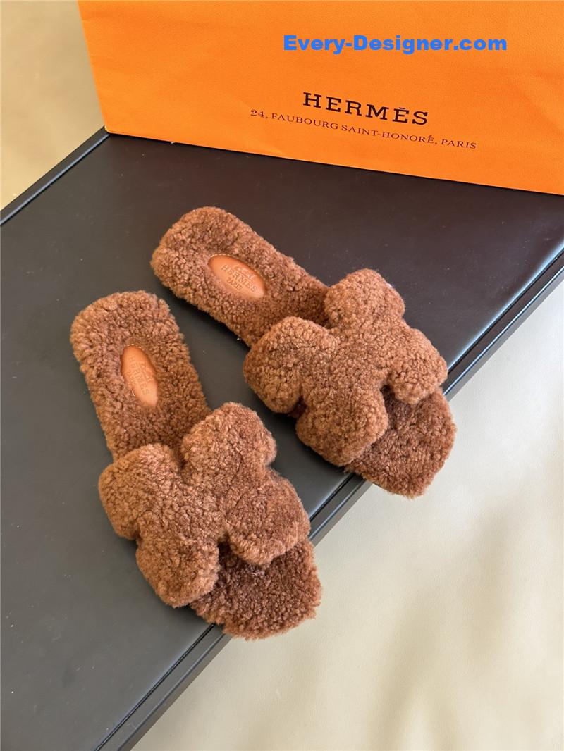 Hermes fur roll cake hair H slippers
