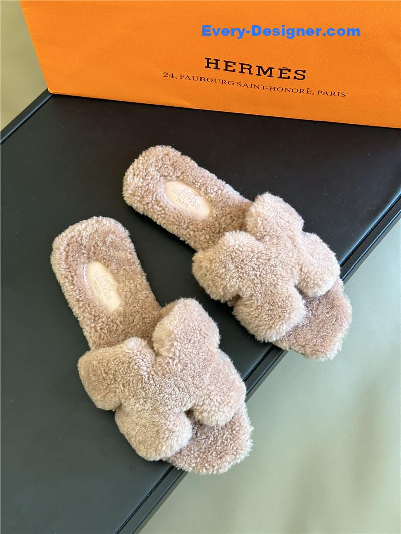 Hermes fur roll cake hair H slippers