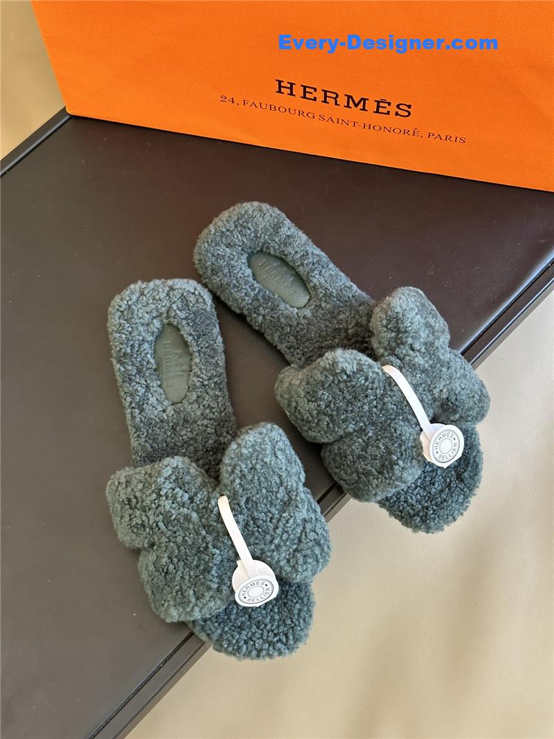 Hermes fur roll cake hair H slippers