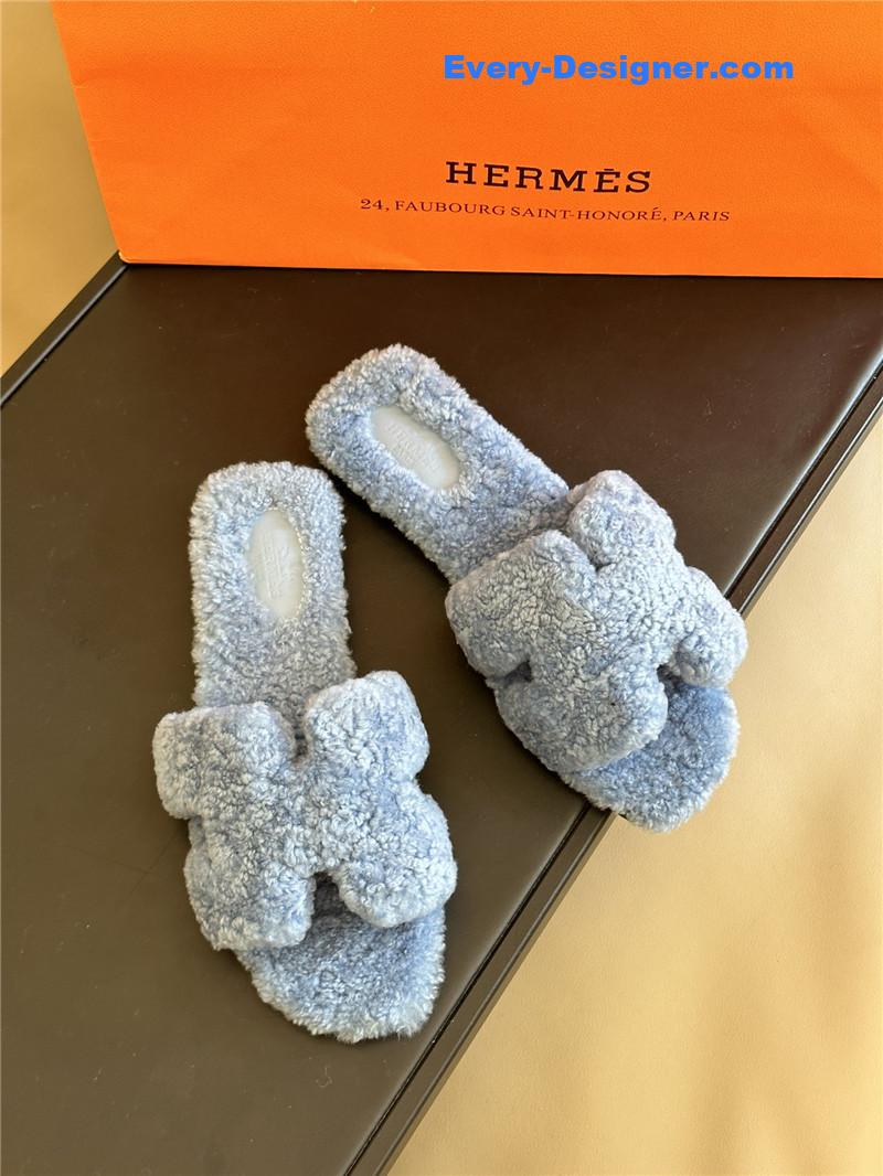 Hermes fur roll cake hair H slippers