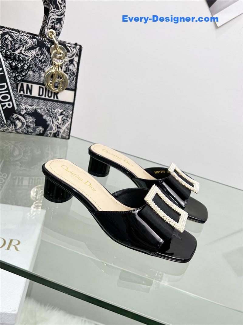 dior pearl square buckle retro ballet high heels