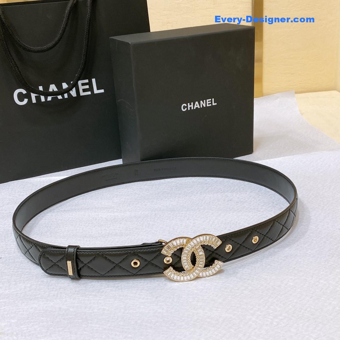 Ch**el rhinestone golden brass metal logo buckle calfskin belt