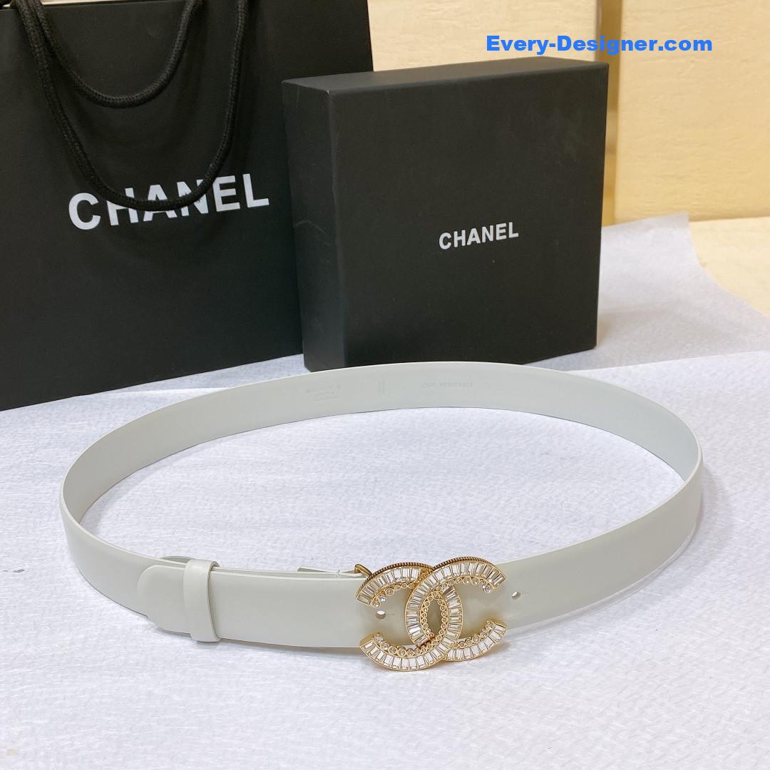 Chanel rhinestone golden brass metal logo buckle calfskin belt