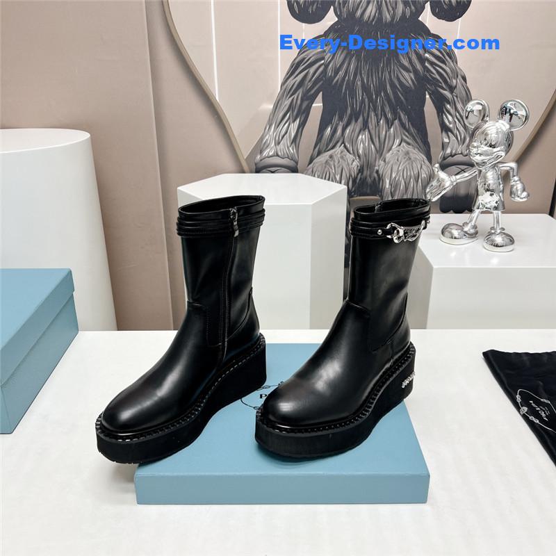 Pra*a round toe chain buckle platform ankle boots