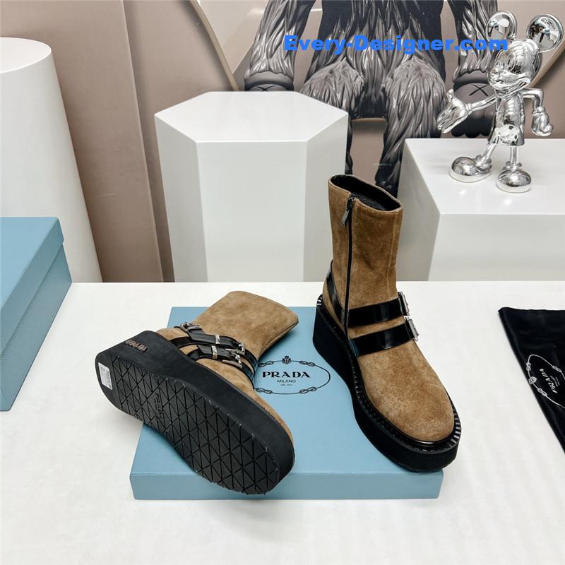 Pra*a round toe double buckle platform ankle boots