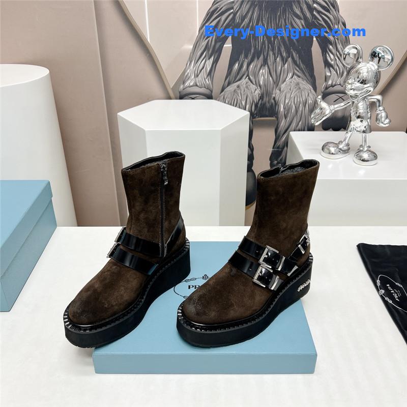 Pra*a round toe double buckle platform ankle boots