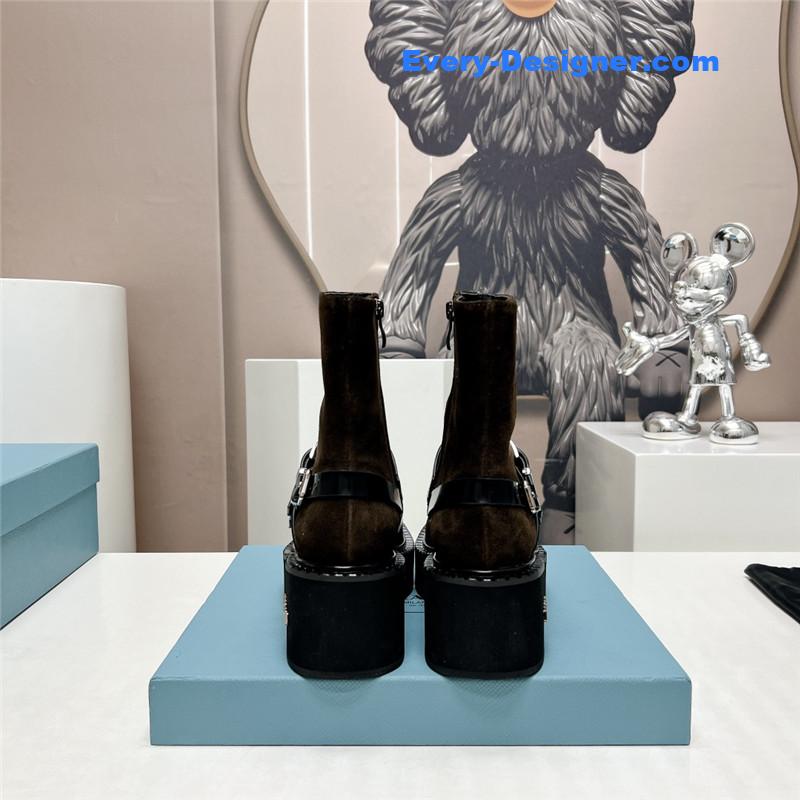 Pra*a round toe double buckle platform ankle boots