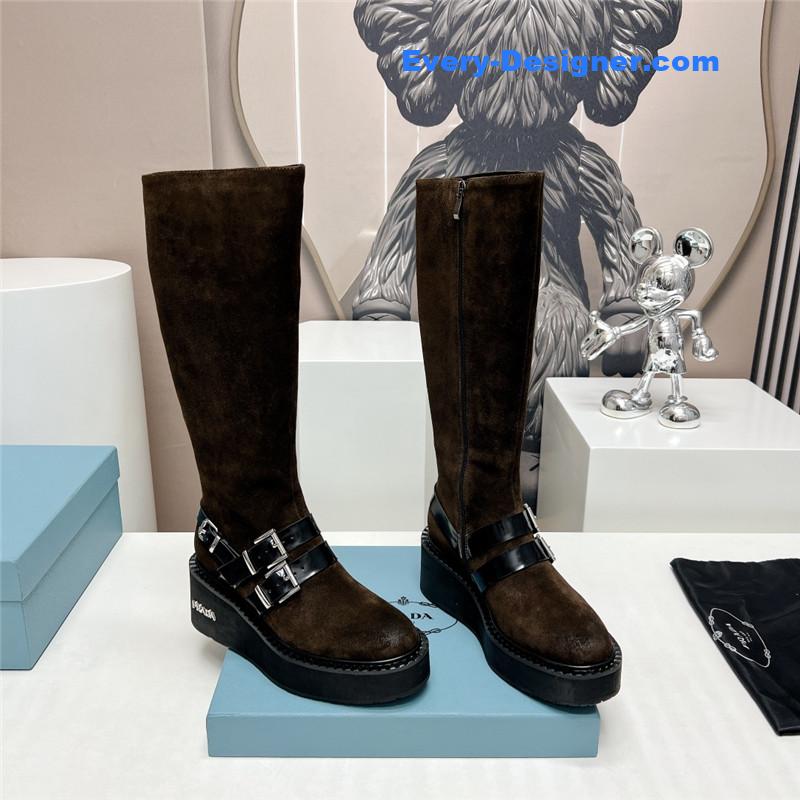 prada round toe double buckle platform boots