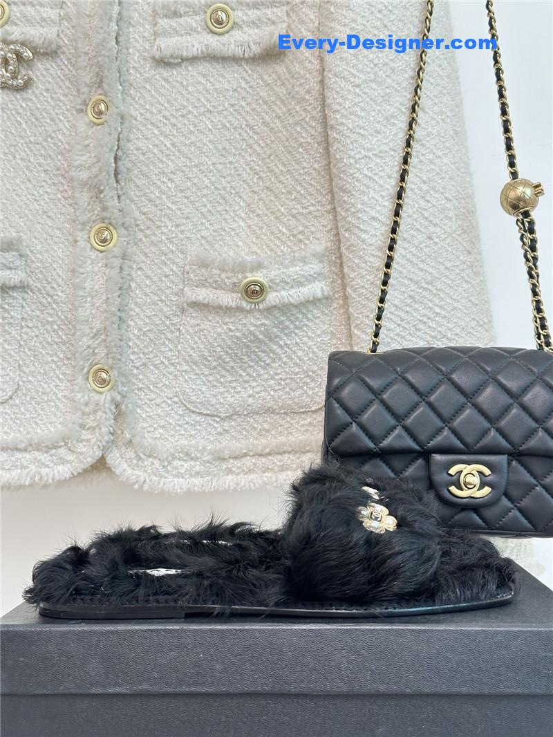 CC new Mier pure wool double C four-leaf clover fur slippers