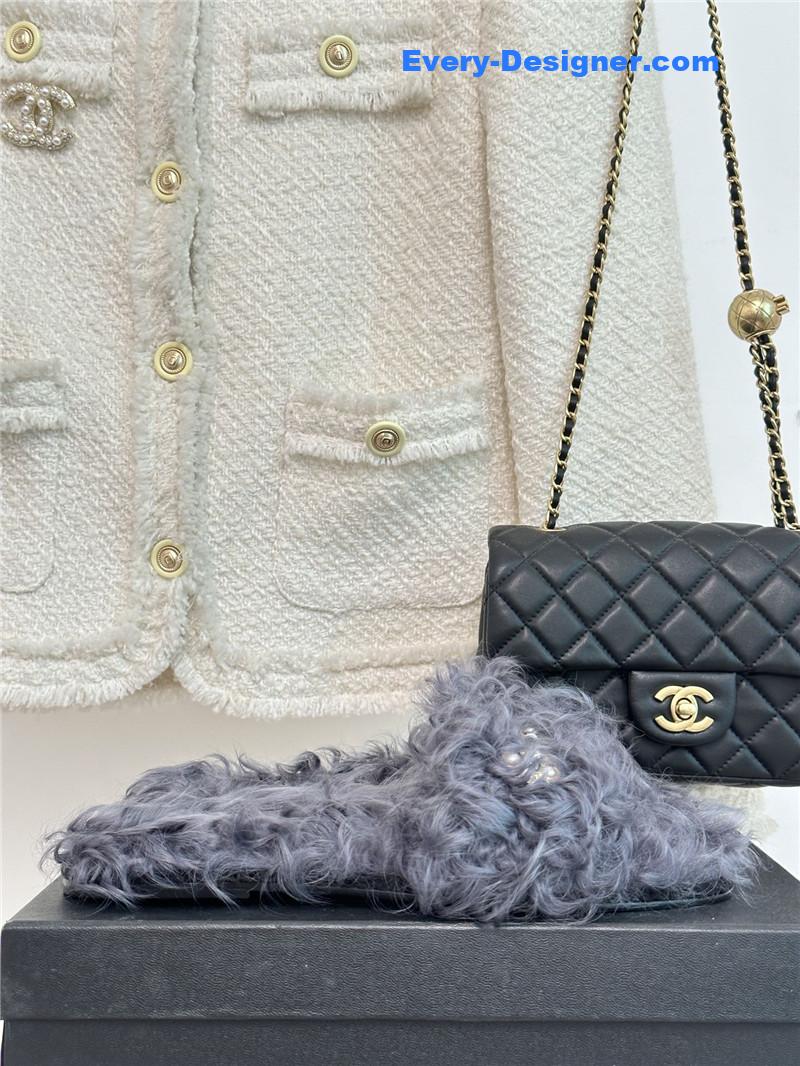 CC new Mier pure wool double C four-leaf clover fur slippers