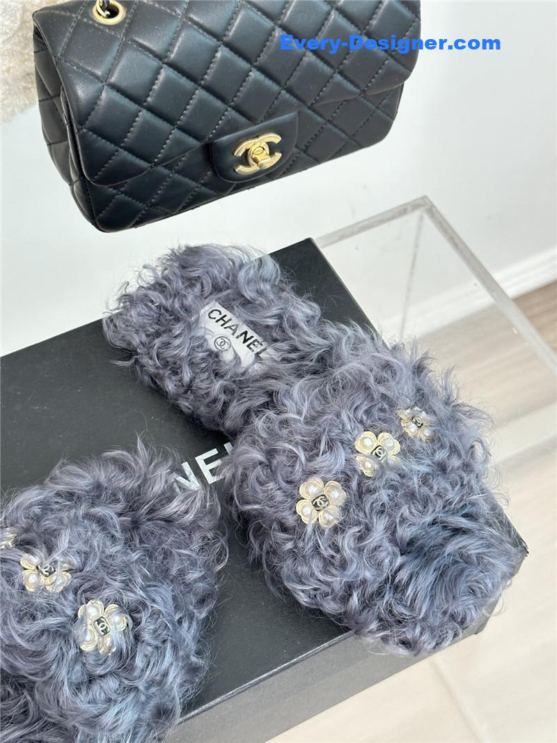 CC new Mier pure wool double C four-leaf clover fur slippers