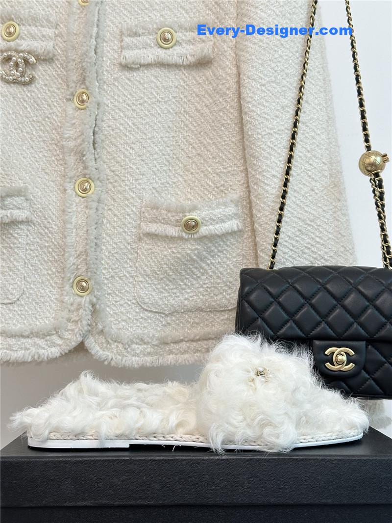 CC new Mier pure wool double C four-leaf clover fur slippers