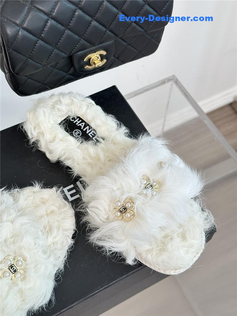 CC new Mier pure wool double C four-leaf clover fur slippers