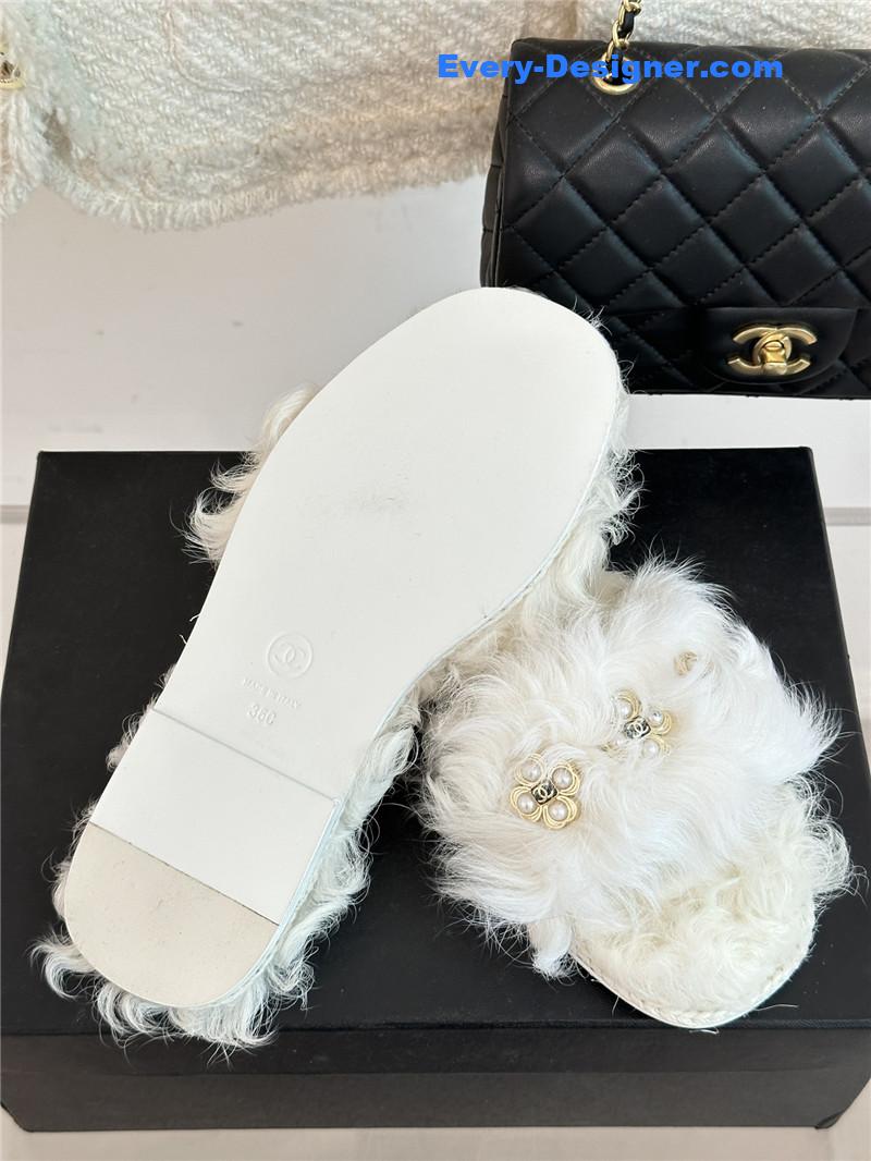 CC new Mier pure wool double C four-leaf clover fur slippers