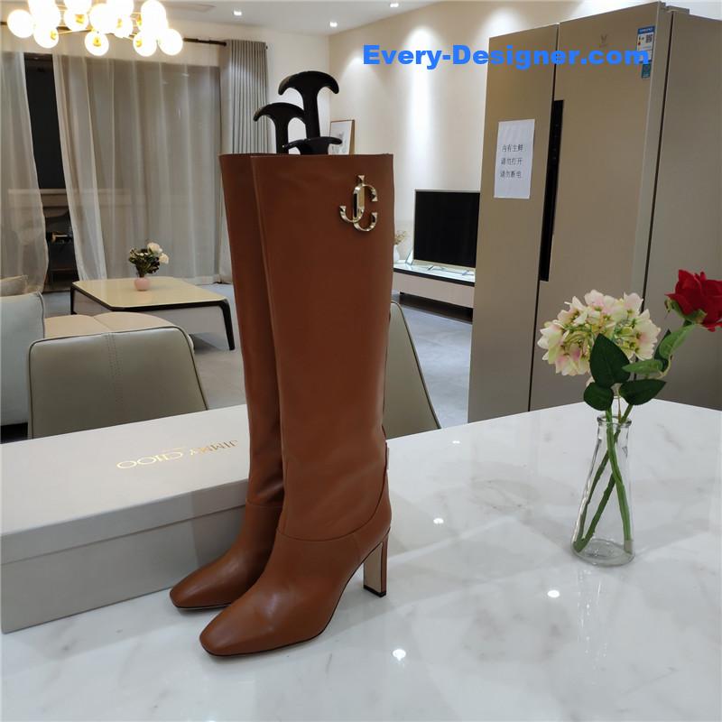 J1m*y Ch00 signature jc buckle chunky heel leather boots