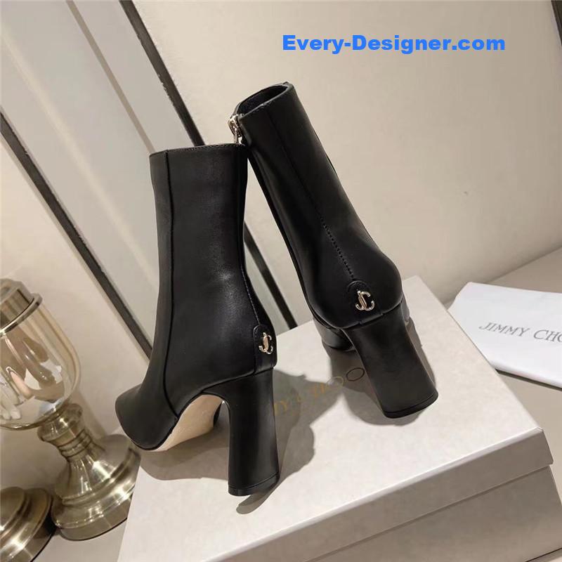 J1m*y Ch00 black patent leather block heel ankle boots
