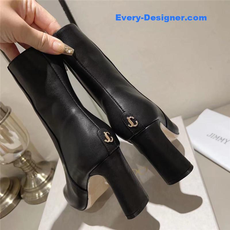 J1m*y Ch00 black patent leather block heel ankle boots