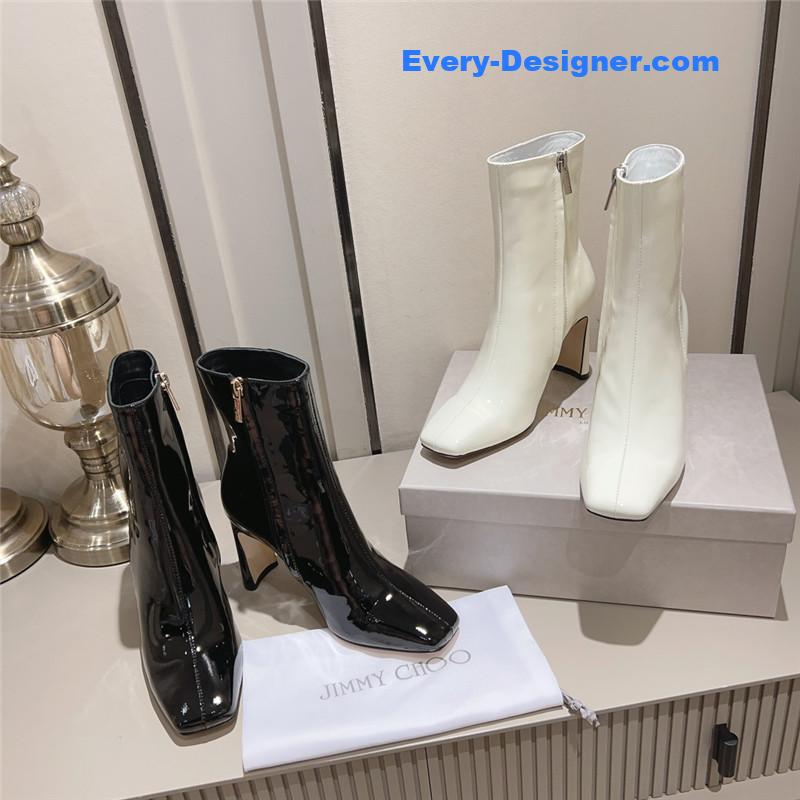 J1m*y Ch00 black patent leather block heel ankle boots
