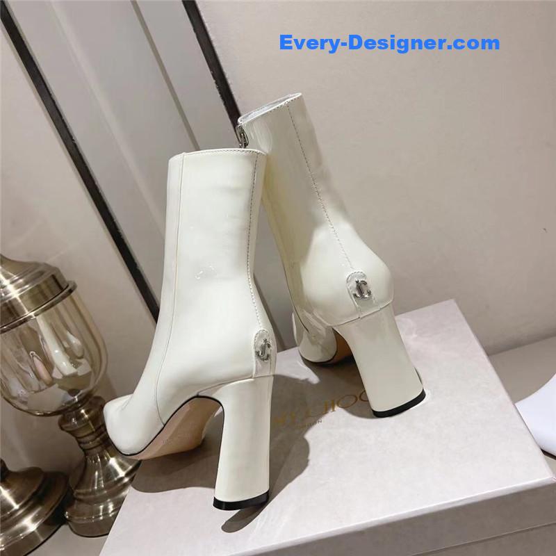 J1m*y Ch00 black patent leather block heel ankle boots