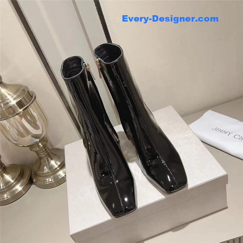 Jimmy Choo black patent leather block heel ankle boots