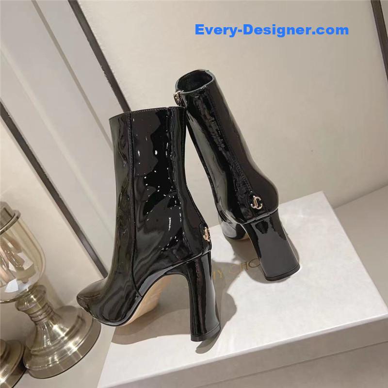 J1m*y Ch00 black patent leather block heel ankle boots