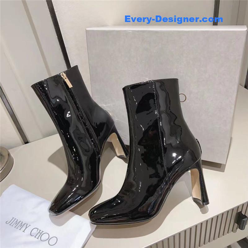 J1m*y Ch00 black patent leather block heel ankle boots