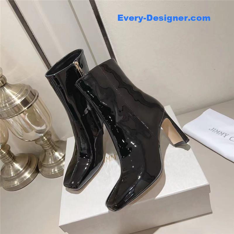 J1m*y Ch00 black patent leather block heel ankle boots