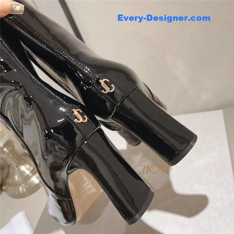 J1m*y Ch00 black patent leather block heel ankle boots