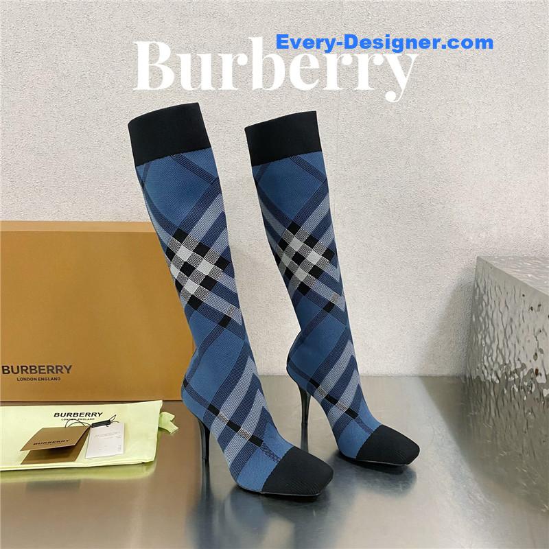 Burberry square-toe stiletto checked stretch-knit sock boots