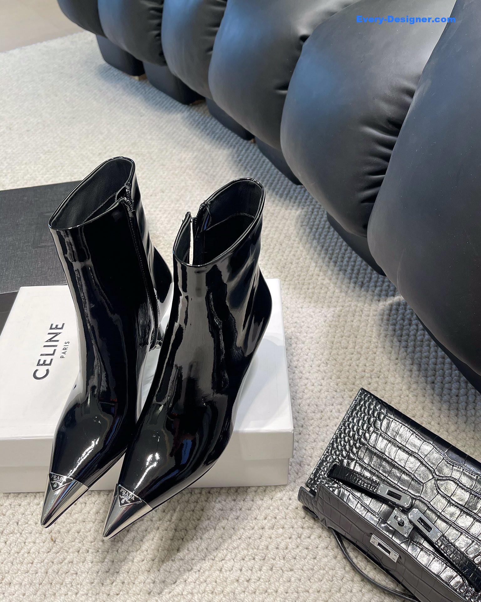 Pra*a autumn winter iron toe triangle logo ankle boots