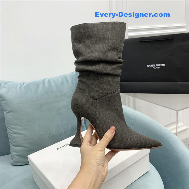 Amina Muaddi wine glass heel pleated high heel boots