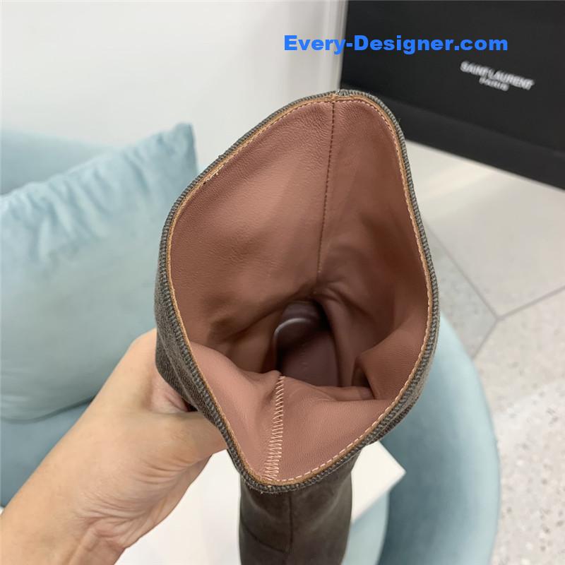 Amina Muaddi wine glass heel pleated high heel boots